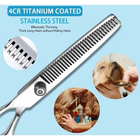 Lot de 4 paires de ciseaux de toilettage professionnels pour chiens droits, effilés, incurvés et hacheurs (avec peigne) 17,8 cm