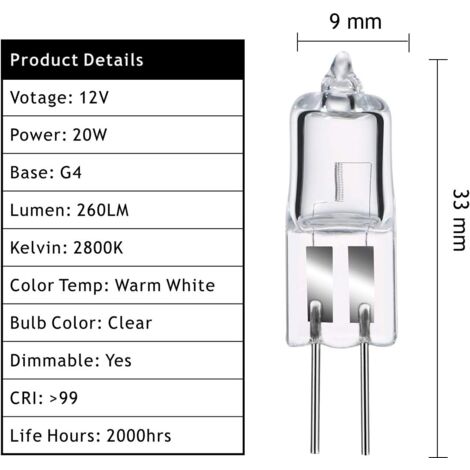 Ampoules Halogènes G4, Lampe de Base à Broche Halogène G4 12V 20W, 2800K Blanc Chaud Gradable G4 Lampe à Capsule Transparente Lot de 10