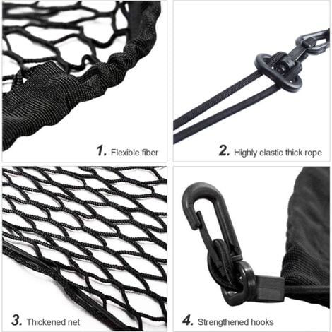 Filet de Coffre de Voiture avec 4 Crochets,Nylon Filet de Bagages Fixe,Filet Maille Rangement Arrière en Elastique pour Plupart des Voitures (Noir-70x120cm)