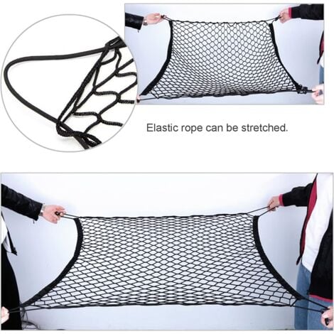 Filet de Coffre de Voiture avec 4 Crochets,Nylon Filet de Bagages Fixe,Filet Maille Rangement Arrière en Elastique pour Plupart des Voitures (Noir-70x120cm)