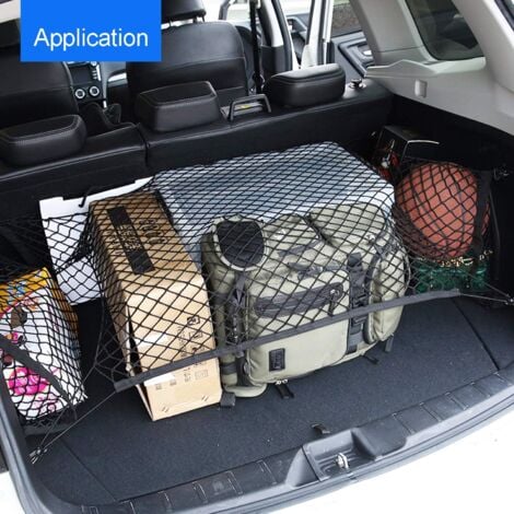 Filet de Coffre de Voiture avec 4 Crochets,Nylon Filet de Bagages Fixe,Filet Maille Rangement Arrière en Elastique pour Plupart des Voitures (Noir-70x120cm)