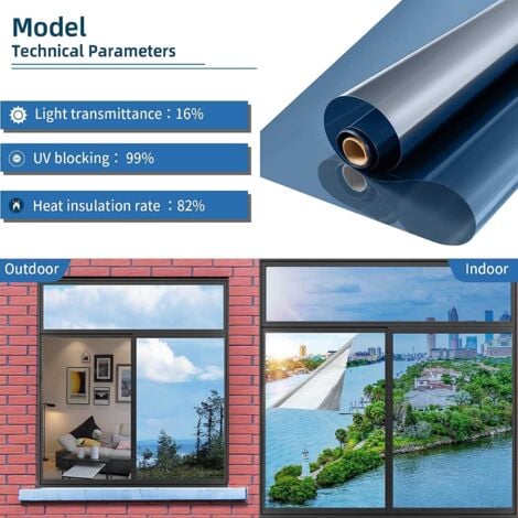 Film fenetre Anti Regard Film Miroir Fenêtre sans Tain Film Anti Chaleur Anti UV Électrostatique Protection de la Vie Privée Film Miroir pour Fenetre de Bureau Maison Magasin 45×200CM Bleu