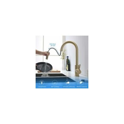Robinet de cuisine doré brossé avec douchette extractible, robinet de cuisine pivotant à 360 °, mitigeur de cuisine, mitigeur monocommande pour évier de cuisine