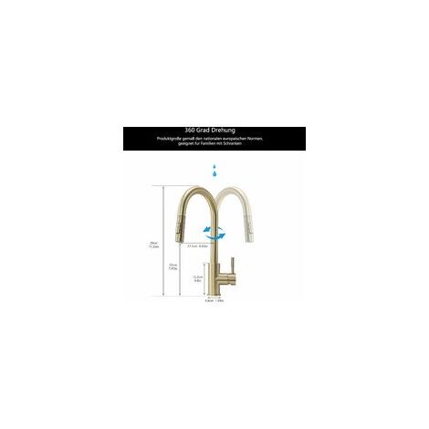 Robinet de cuisine doré brossé avec douchette extractible, robinet de cuisine pivotant à 360 °, mitigeur de cuisine, mitigeur monocommande pour évier de cuisine