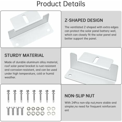 Support et fixation de panneau solaire,4 Pièces Panneaux Solaires en Z Supports pour Montage Panneau Solaire, Support Z avec écrous et Vis pour Camping-car
