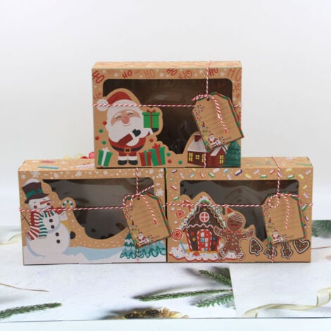 Certains Colis En Papier Boîtes Cadeaux De Noël Emballés Avec Du Kraft Papier Attaches Du Fil Boulanger Blanc Rouge Dans Table Bois Fonce Boites Cadeaux Noel 112275305