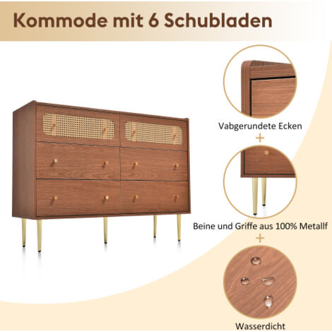 Commode à tiroirs avec 6 tiroirs, buffet haut en rotin pour chambres et tous les salons, noyer -H90/L120/P40 cm