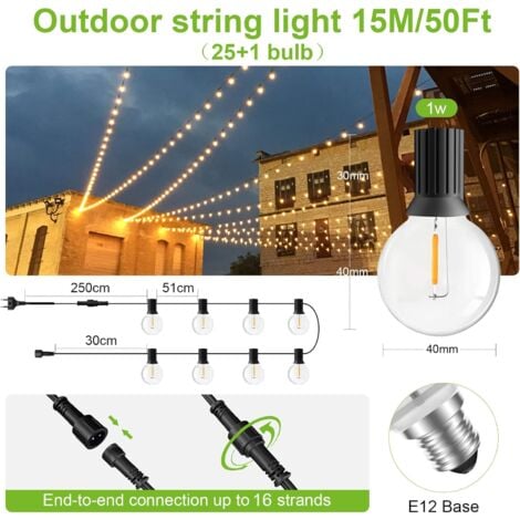 Guirlande Guinguette Extérieure 15M/50FT, Guirlande Lumineuse Exterieur avec 30+1 LED Ampoules Guirlande Guinguette Imperméable E12 pour Eté Jardin Patio Terrasse Fête Mariage Pergola