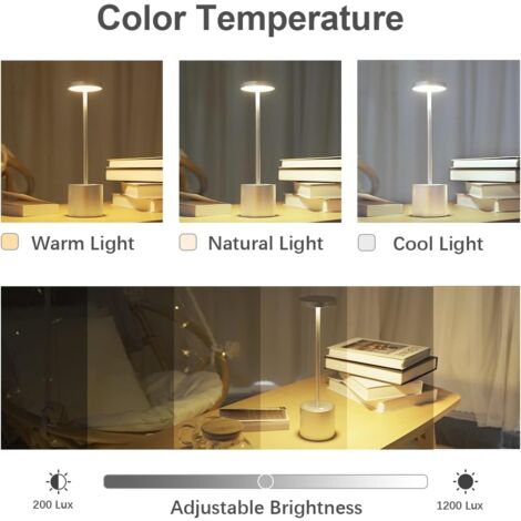 Lampe de bureau，Lampe de table sans fil rechargeable, 3600mAh lampe de bureau LED en métal design charge usb, 3 modes de couleur, pour chevet, exterieur, terrasse, restaurant
