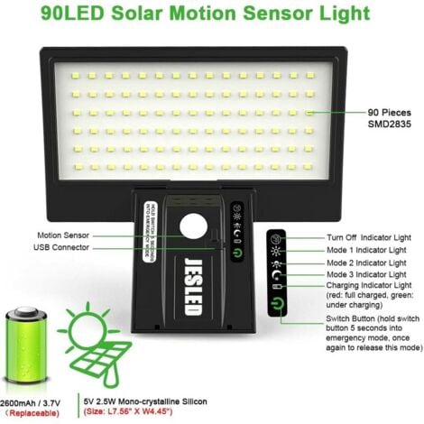 Lampe Solaire Exterieur, 2600mAh Détecteur de Mouvement Éclairage Solaire Extérieur Étanche Sans Fil Lampe de Sécurité Lampe Mural pour Jardin(Pile Remplaçable)