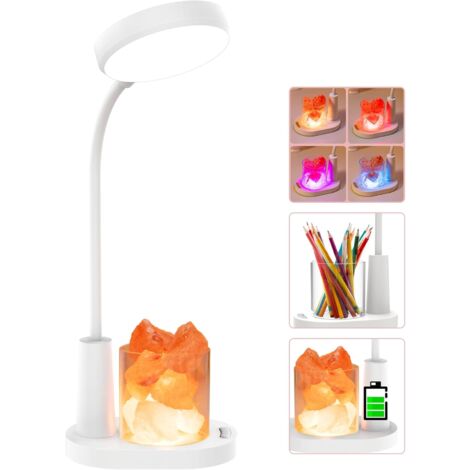Lampe de Bureau Enfant, Lampe de Table avec Sel de l'Himalaya, Lampe de Chevet à Changement de Couleur Automatique, avec Porte-Stylo, Lampe de Lecture Rechargeable Dimmable pour Enfants-Blanc