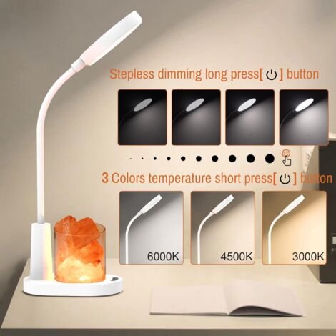 Lampe de Bureau Enfant, Lampe de Table avec Sel de l'Himalaya, Lampe de Chevet à Changement de Couleur Automatique, avec Porte-Stylo, Lampe de Lecture Rechargeable Dimmable pour Enfants-Blanc