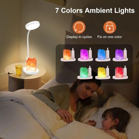 Lampe de Bureau Enfant, Lampe de Table avec Sel de l'Himalaya, Lampe de Chevet à Changement de Couleur Automatique, avec Porte-Stylo, Lampe de Lecture Rechargeable Dimmable pour Enfants-Blanc