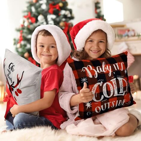 Housse De Coussin - Décoratif - Noël - 4 Pack - Coton Et Lin - 45 X 45 Cm - Maison