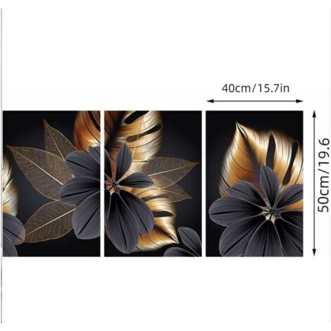 Lot de 3 affiches en toile - Motif : Feuilles de plantes - Impression moderne - Décoration murale - Or noir (40x50 cm)