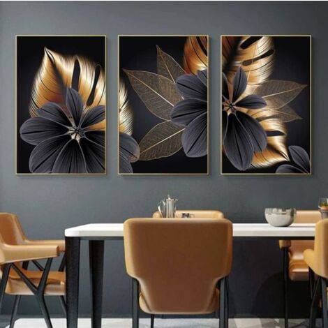 Lot de 3 affiches en toile - Motif : Feuilles de plantes - Impression moderne - Décoration murale - Or noir (40x50 cm)