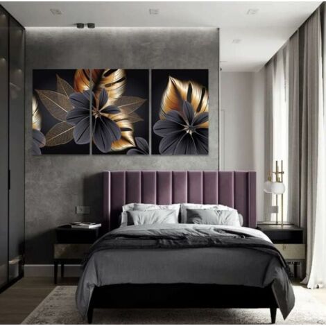 Lot de 3 affiches en toile - Motif : Feuilles de plantes - Impression moderne - Décoration murale - Or noir (40x50 cm)