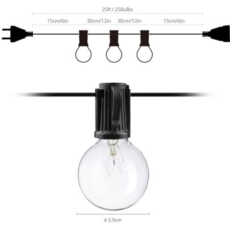 Guirlande lumineuse de Noël Guirlande Lumineuse Exterieur, 7.62M Guirlande Guinguette Extérieur et Intérieur avec G40 25 Ampoules + 2 Rechange, IP65 Guirlande Raccordable pour Mariage, Jardin, Balcons