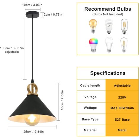 Suspension Luminaire Industriel Vintage, E27 Retro Lustre Suspension en Métal, Edison Design Luminaire Plafonnier pour Salon Chambre Café Bar Restaurent, Ø 25cm (Sans Ampoule) [Classe énergétique E]