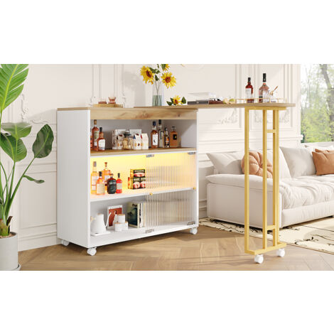 Îlot De Cuisine / Table De Bar Extensible Avec LED Et Rangement - Meuble Mobile Blanc Et Doré, 138 à 204 Cm