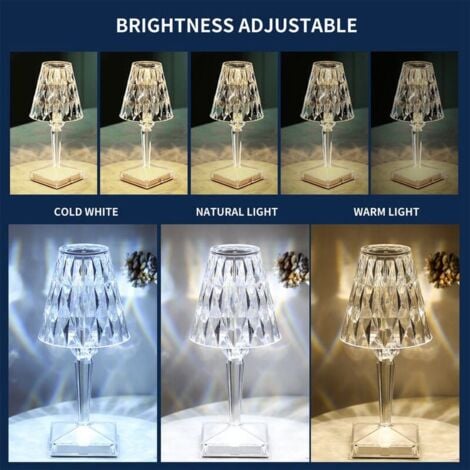 Lampe De Table En Cristal De Diamant, Lampe De Chevet De Chambre En Cristal Rechargeable Par Usb, Temperature/Luminosite Reglables, type tactile