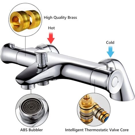 Mitigeur Thermostatique Baignoire, Robinet Thermostatique Bain Douche avec Bouton de Sécurisé à 38°C, Robinets de douche Thermostatique pour Baignoire, Laiton, Anti-brûlure