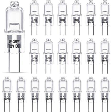 Ampoule Halogene G4 12V 20W, Ampoule G4, Ampoule Halogène Dimmable G4, 2800K blanc chaud，Pas de Scintillement, Base G4 BI-pin Capsule Transparente pour Lustres en Cristal, 20 Pièces