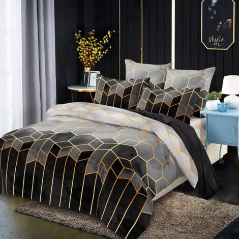 Sets Housse de Couette avec Taies d'oreiller Imperimé Géométrique Basics Parure de lit Réversible 2 Personnes avec Fermeture Éclair en Microfibre Douce 2/3 pièses(Gris 1，3 pièces 200x200cm)