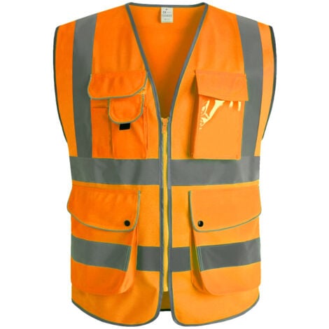 9 poches de classe 2"gilet de sécurité haute visibilité devant avec des bandes réfléchissantes, （orange-L）
