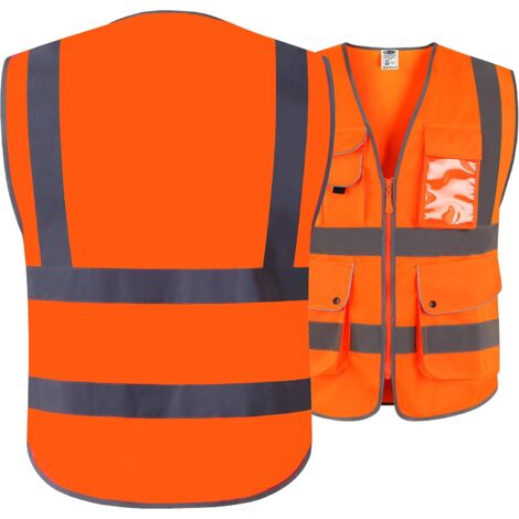 9 poches de classe 2"gilet de sécurité haute visibilité devant avec des bandes réfléchissantes, （orange-L）