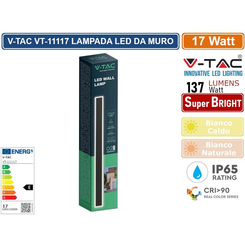 V-TAC VT-11117 LAMPADA LED DA MURO 17W WALL LAMP SMD APPLIQUE CRI≥90 IP65  COLORE NERO - SKU 6830 / 6831 - Colore Luce: Bianco Caldo