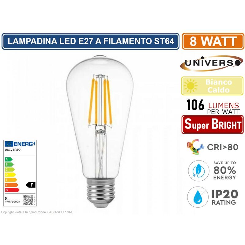 UNIVERSO LAMPADINA LED E27 8W BULB ST64 FILAMENTO BIANCO CALDO 2700K