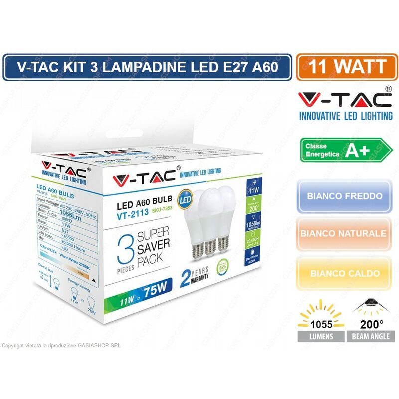 V-TAC VT-2113 SUPER SAVER PACK CONFEZIONE 3 LAMPADINE LED E27 11W