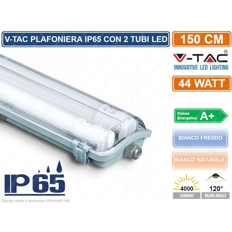 V-TAC VT-15022 TUBO LED PLAFONIERA 2X22W LAMPADINA 150CM IMPERMEABILE - SKU 6388 / 6400 - Colore Luce: Bianco Freddo