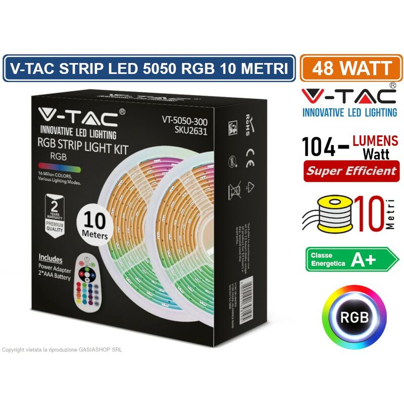 V-TAC VT-5050-300 KIT CON STRISCIA LED 5050 4,8W 12V MULTICOLORE RGB 10MT  CONTROLLER E ALIMENTATORE - SKU 2630