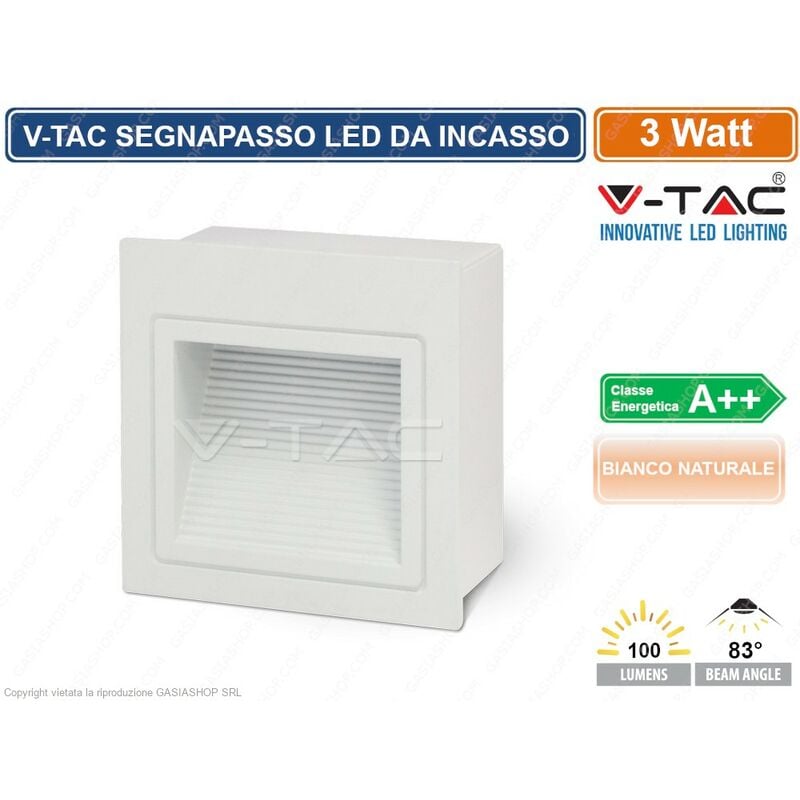V-TAC VT-1143 FARETTO SEGNAPASSO LED DA INCASSO QUADRATO 3W COLORE BIANCO - SKU 1284