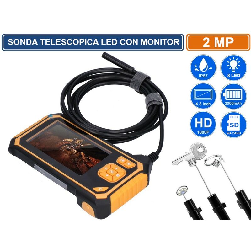 TELECAMERA CON SONDA ENDOSCOPICA DA 5 METRI MONITOR LCD 4.3 FULL HD 1080P  2 MEGAPIXEL REGISTRA FOTO E VIDEO SU SD CARD IMPERMEABILE IP67