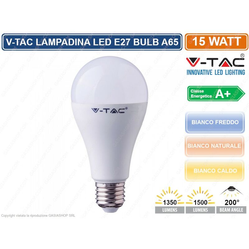 V-TAC VT-2015 LAMPADINA LED E27 15W BULB A65 - SKU 4453 / 4454 / 4455 - Colore Luce: Bianco Naturale