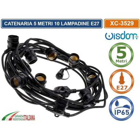 CATENA CATENARIA LUMINOSA 5 METRI NERA PER 10 LAMPADINE LED E27 PER ESTERNO IP65