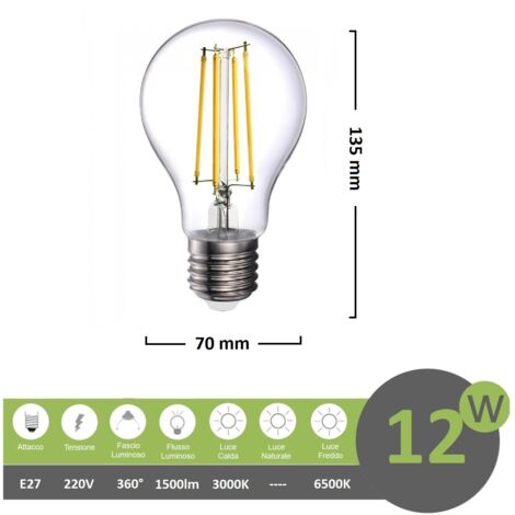 UNIVERSO LAMPADINA LED E27 12W BULB A70 FILAMENTO 360° 1500 LUMEN 3000K 4000K 6500K - Colore Luce: Bianco Caldo