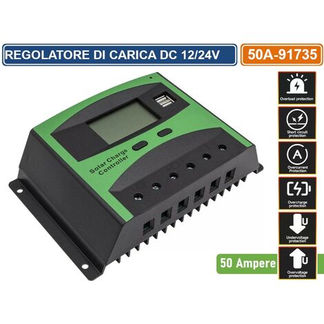 REGOLATORE DI CARICA PWM PER PANNELLI SOLARI 50A DC 12/24V AUTOSELEZIONE CON DISPLAY DOPPIA PORTA USB