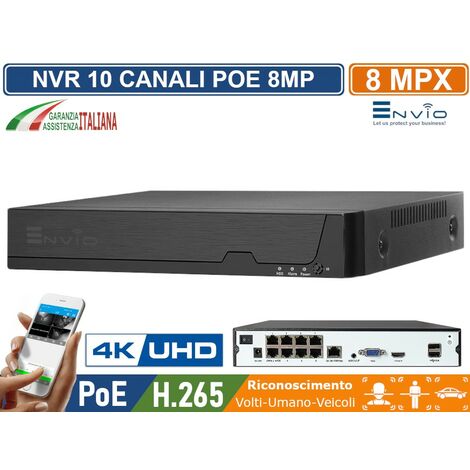 NVR 10 CANALI 8 CANALI POE + 2 IP 8 MEGAPIXEL 4K ULTRA HD ONVIF LINUX SYSTEM P2P CLOUD VIDEOSORVEGLIANZA CON VIDEOANALISI CON RICONOSCIMENTO VOLTI UMANO VEICOLI - Capacità Hard Disk: Nessun Hard Disk (1/5)
