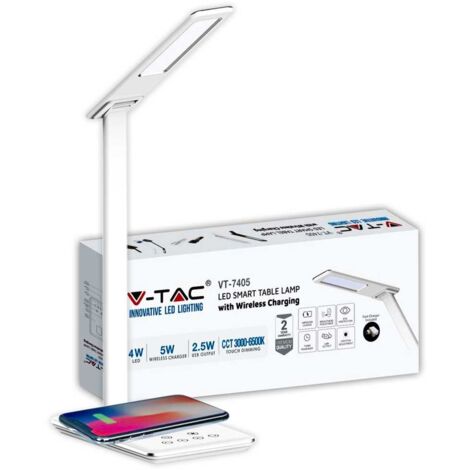 V-TAC VT-7405 LAMPADA DA TAVOLO LED 5W MULTIFUNZIONE CON STAZIONE DI RICARICA WIRELESS COLORE BIANCO - SKU 218601