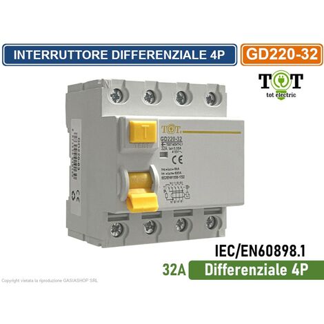 INTERRUTTORE MAGNETOTERMICO DIFFERENZIALE 32A PER BARRA DIN 4 MODULI 4P 220V-415VAC 30mA 6KA