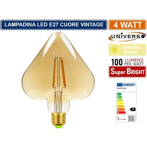 LAMPADINA LED VINTAGE A FORMA DI CUORE E27 4W FILAMENTO VETRO AMBRATO LUCE CALDA 2500K PUB TAVERNE