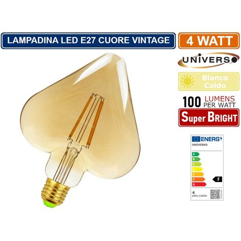 LAMPADINA LED VINTAGE A FORMA DI CUORE E27 4W FILAMENTO VETRO AMBRATO LUCE CALDA 2500K PUB TAVERNE