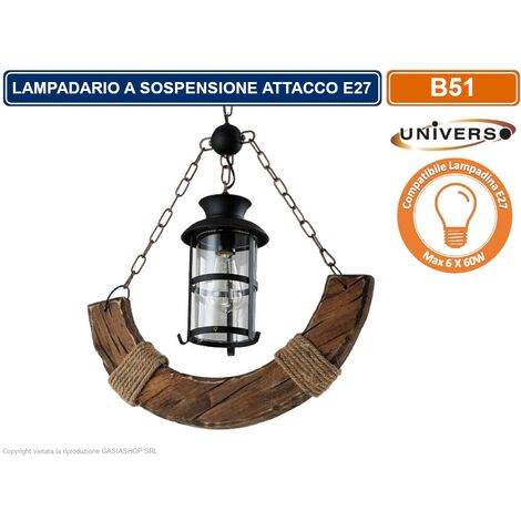 LAMPADARIO A SOSPENSIONE COUTRY RUSTICO IN LEGNO CON LANTERNA ATTACCO E27