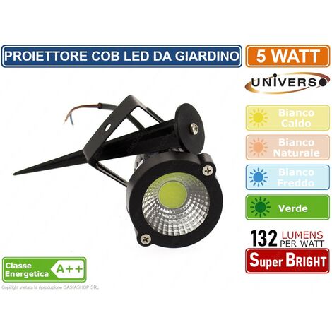 FARO PROIETTORE COB LED ORIENTABILE DA GIARDINO CON PICCHETTO 5W IP65 LUCE BIANCO CALDO - FREDDO - NATURALE - VERDE - Colore Luce: Verde