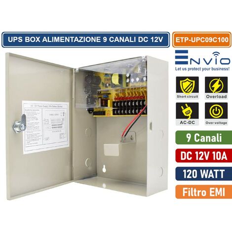 BOX DI ALIMENTAZIONE UPS PER VIDEOSORVEGLIANZA CCTV DC 12V 10A 9 CANALI – 120W