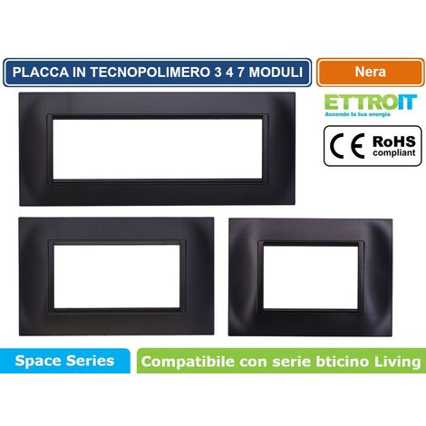 PLACCA IN TECNOPOLIMERO QUADRATA COLORE NERO COMPATIBILE CON SERIE BTICINO LIVING 3 - 4 - 7 MODULI ETTROIT LN89 - Numero Moduli: 4 Moduli (1/4)